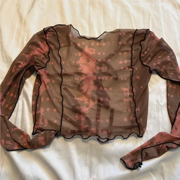Boohoo Sheer Mesh Long Sleeve Top Size 6 Brown Pink Y2K Aesthetic - Picture 3 of 8